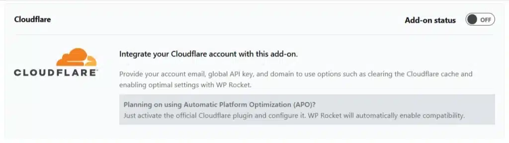 WP Rocket 中的 Cloudflare 附加组件设置，用于集成账户和启用 Automatic Platform Optimization。