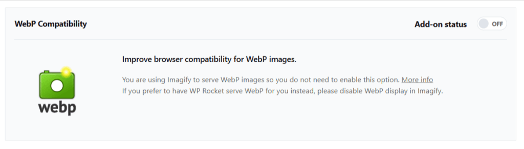 WP Rocket WebP 图片兼容附加组件选项卡