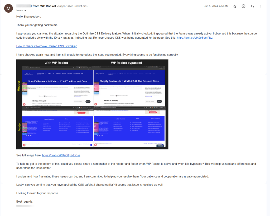 通过 Gmail 的 WP Rocket 支持代表对话
