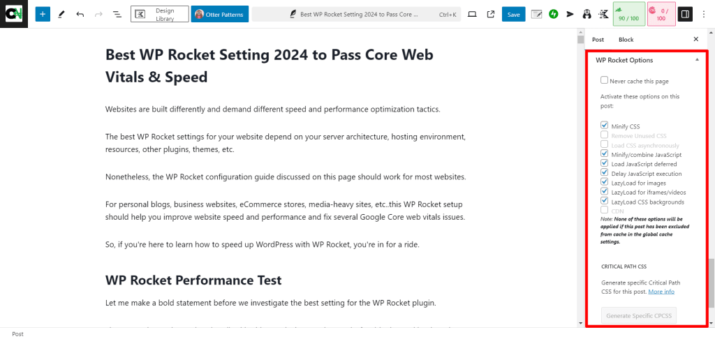 Gutenberg 编辑器中的 WP Rocket 元框设置
