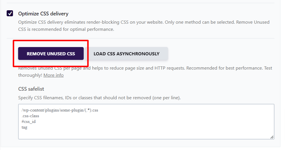 在 WP Rocket 移除未使用 CSS 或异步加载 CSS 之间选择的选项