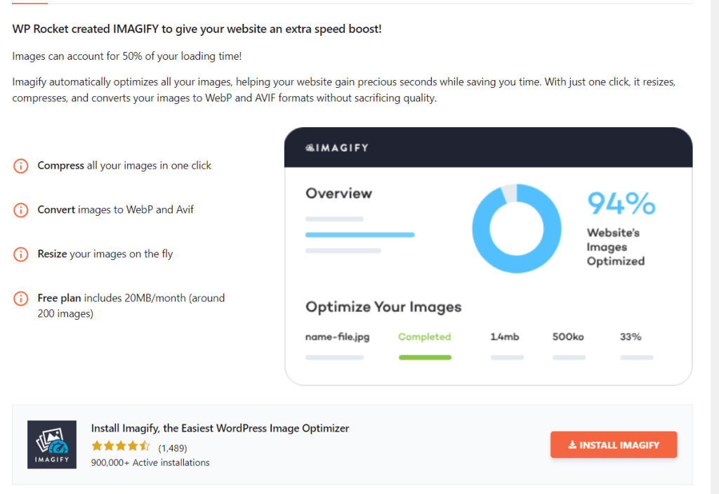 WP Rocket 图片优化选项卡 Imagify 插件推广