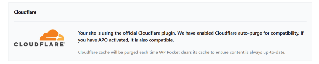 WP Rocket Cloudflare 设置区块,显示兼容性通知:Cloudflare 自动清除和 APO 已与官方 Cloudflare 插件一起启用。