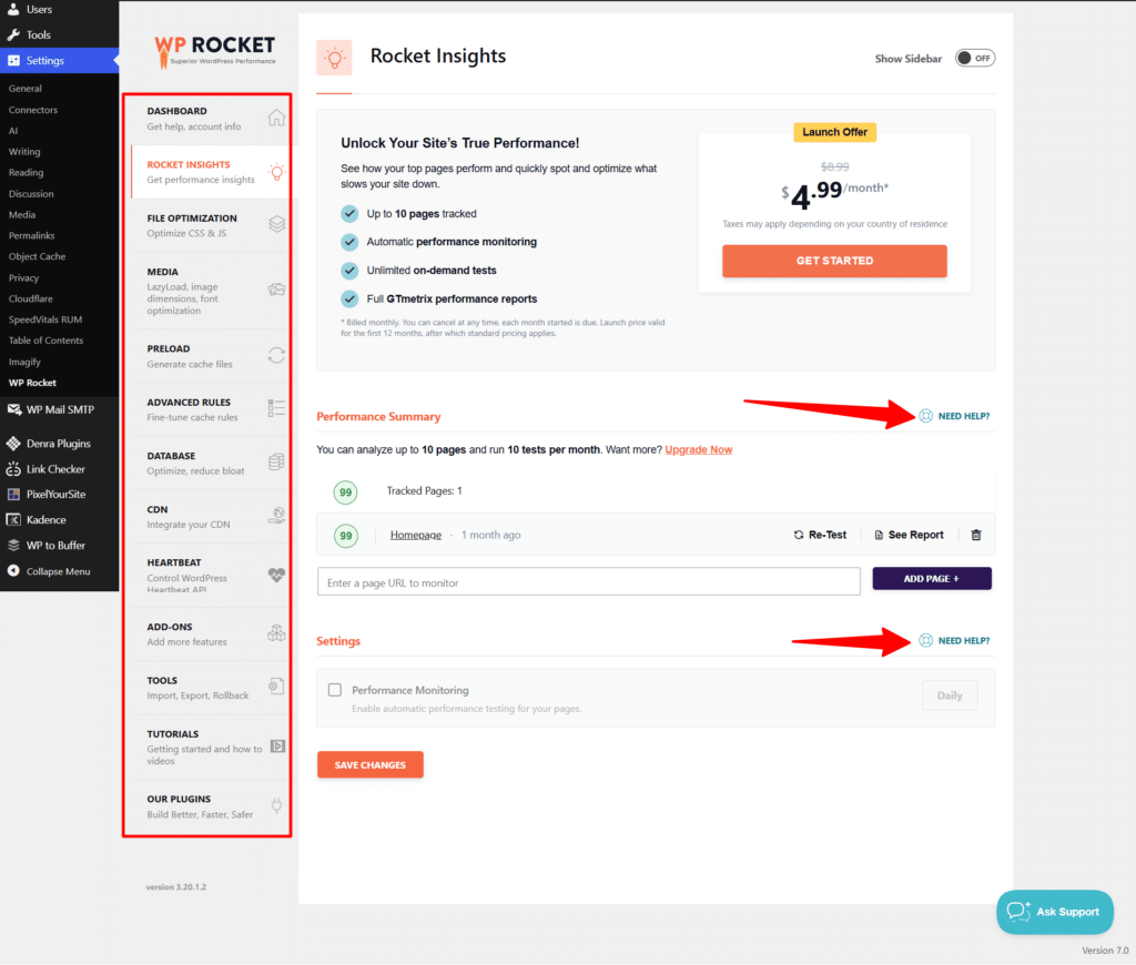 WP Rocket 设置页面(Rocket Insights 选项卡下),红框突出完整插件侧边栏菜单,红色箭头指向需要帮助链接。