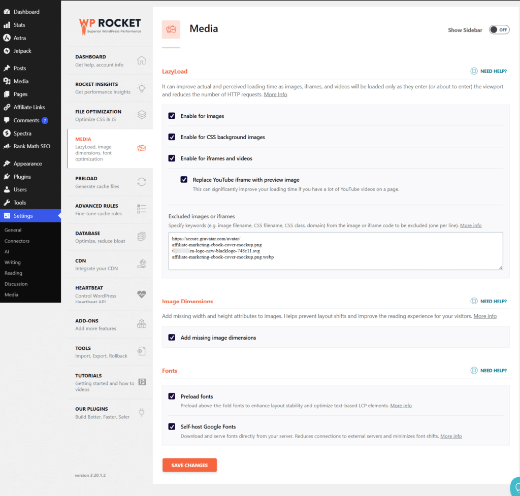 WP Rocket 媒体设置仪表盘,显示 LazyLoad 选项、图片尺寸和字体优化功能配置区块。