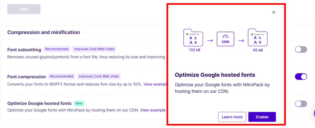 NitroPack 设置面板,显示优化 Google 托管字体功能的打开模态框,详述通过 CDN 减少字体大小。