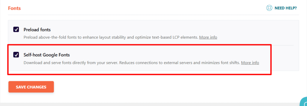 WP Rocket 字体区块下的设置屏幕,红框突出已勾选的自托管 Google Fonts 选项。