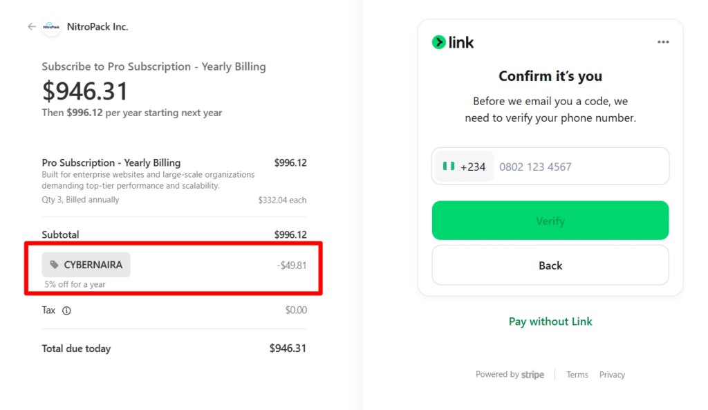 NitroPack 结账页面显示年付账单分解,Stripe 验证模态框旁突出 CYBERNAIRA 优惠码。